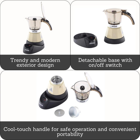 Dang Compact Two Cup Electric Espresso Maker With Cool Touch Handle Brews Rich Smooth Coffee Straight Up For Small Apartment Countertops And Office Desks, modern design, detachable base, safety features.