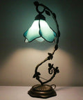 Blue Tiffany Style Stained Glass Table Lamp With Metal Leaf Base, Desk Reading Light For Small Spaces, 21 Inch Tall, 8 Inch Wide Shade