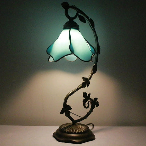 Blue Tiffany Style Stained Glass Table Lamp With Metal Leaf Base, Desk Reading Light For Small Spaces, 21 Inch Tall, 8 Inch Wide Shade