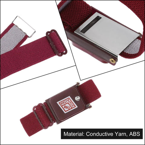Close-up of maroon red 3 Pack Anti Static Wrist Strap Set, ESD Safe Grounding Bracelet with adjustable strap and metal clasp.