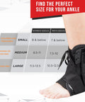 Ankle wearing upgraded lace up ankle brace with adjustable wrap for women and men, size chart displayed beside for sprained ankles injury recovery and Achilles tendonitis featuring a figure eight strap design for the go to secure fit and comfort during training
