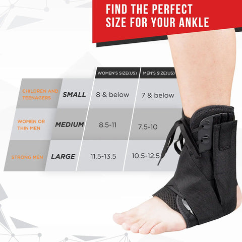 Ankle wearing upgraded lace up ankle brace with adjustable wrap for women and men, size chart displayed beside for sprained ankles injury recovery and Achilles tendonitis featuring a figure eight strap design for the go to secure fit and comfort during training