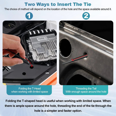 2nd Gen Nylon Universal Cable Ties Buckle Kit insertion tutorial with self-locking zip ties in automotive setting, UV-resistant fasteners