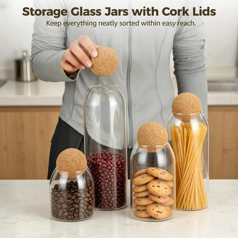 Straight Up Kitchen Essential Four Piece Glass Jar Collection With Airtight Spherical Cork Lids To Lock In Coffee Tea Candy Freshness And Effortlessly Organize Pantries No Fuss filled with beans and cookies.