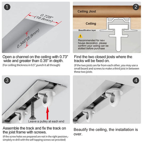 Hidden Ceiling Curtain Track System With Silent Rollers Custom Size White Ceiling Mounted Curtain Rod For Living Room Bedroom Shower Room Room Divider Use No Fuss Install Kit Included, installation steps