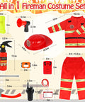 Rad Firefighter Dress Up Costumes For Kids With Lit Glow Helmet Water Sprayer Axe Walkie Talkie Badge And Tool Accessory Set Perfect For Youth Age 4 To 12 costume set with helmet, sprayer, axe, and outfit measurements.