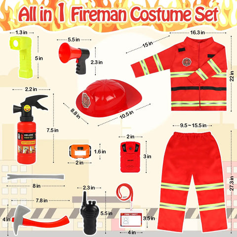 Rad Firefighter Dress Up Costumes For Kids With Lit Glow Helmet Water Sprayer Axe Walkie Talkie Badge And Tool Accessory Set Perfect For Youth Age 4 To 12 costume set with helmet, sprayer, axe, and outfit measurements.