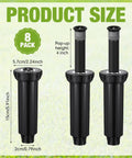 Heavy Duty 4 Inch Pop Up Sprinkler Heads 8 Pack For Lawn Irrigation Upgrade showing dimensions and design features on green grass.