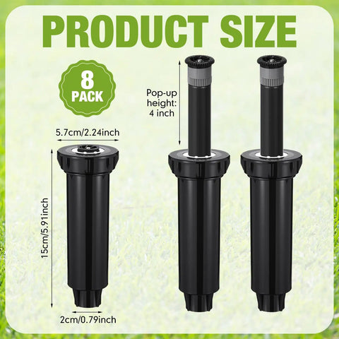 Heavy Duty 4 Inch Pop Up Sprinkler Heads 8 Pack For Lawn Irrigation Upgrade showing dimensions and design features on green grass.