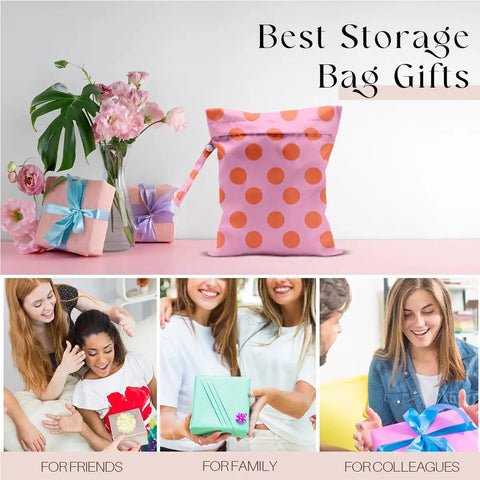 Coral Pink Polka Dot Wet Bag And Dry Bag For Beach And Pool Waterproof on table with gifts and flowers, ideal for all occasions.