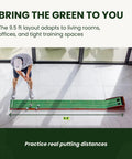 Overhead view of a person using 9 Foot 6 Inch Putting Mat With Automatic Ball Return For Indoor Use Two Hole Putting Green Designed For Home And Office Realistic Golf Training Aid With Alignment Guides And Easy Setup inside a modern room.