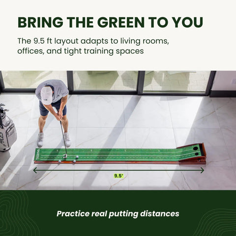 Overhead view of a person using 9 Foot 6 Inch Putting Mat With Automatic Ball Return For Indoor Use Two Hole Putting Green Designed For Home And Office Realistic Golf Training Aid With Alignment Guides And Easy Setup inside a modern room.
