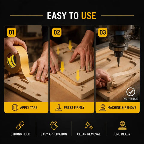 Easy application of Double Sided Woodworking Tape For CNC Templates And Pattern Routing, 25mm Wide By 33m Long, step-by-step guide