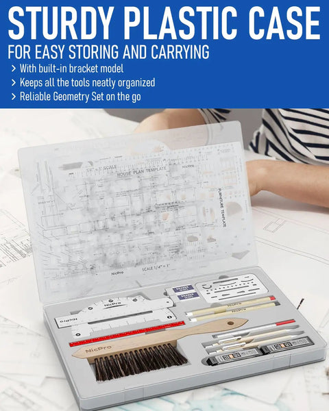 Pro Level Drafting Tools And Geometry Set 21 Piece Architecture Kit With Rugged Carry Case showing organized tools in a sturdy plastic case.