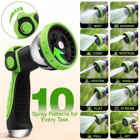 10 pattern nozzle of Retractable Garden Hose Reel 100 ft Half Inch Wall Mounted Auto Rewind showing various spray settings