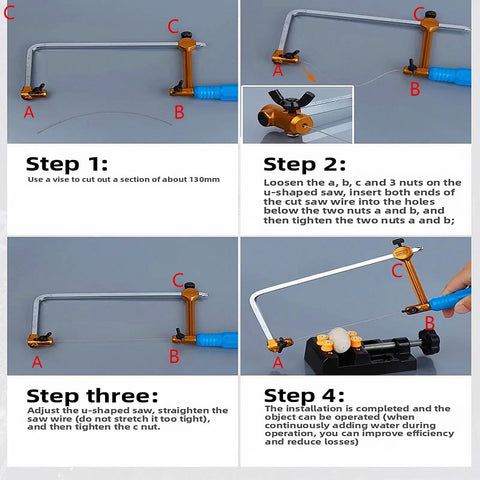 Assembly guide for using 0.45mm Diamond Cutting Wire with hand saw frames in DIY stone carving and lapidary work.