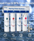Front view of iSpring CU-A4 under-sink four-stage water filtration system with four cartridges and brushed-nickel faucet