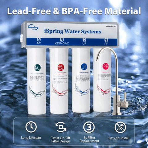 Front view of iSpring CU-A4 under-sink four-stage water filtration system with four cartridges and brushed-nickel faucet