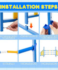 Installation steps for Adjustable Wing Jump Hurdles For Dog Agility Training with bright colored hurdles and metal frame bar jumps.