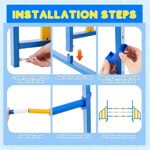 Installation steps for Adjustable Wing Jump Hurdles For Dog Agility Training with bright colored hurdles and metal frame bar jumps.