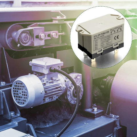 Industrial motor setup with inset of G7L-2A-TUB-J-CB-AC24 DPST Normally Open General Purpose Relay with Test Button, 24 VAC Coil, 71 mA Load.