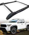Durable Aluminum Roof Rack Cross Bars For 2024 2025 2026 Toyota Tacoma Double Cab Fitment shown on white Tacoma outdoors
