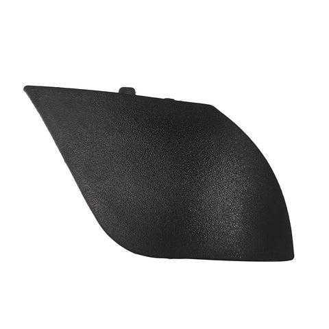 Solid Front Bumper Tow Hook Cover For Tesla Model X And Model S 2016 To 2021, unpainted black plastic trim piece, side view.