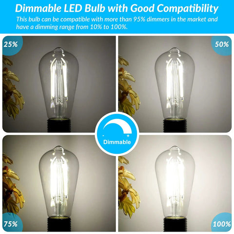 Dimmable Vintage LED Edison Bulbs 8W to 100W Equivalent showing dimming range from 25% to 100% in a clear glass E26 base, 4 Pack