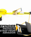 196 Pack 2 In X 50 Ft Ratchet Straps With Flat Hooks Heavy Duty Workhorse Polyester Webbing Tie Downs 10,000 Lbs Break Strength yellow strap showing protective hook.