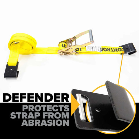 196 Pack 2 In X 50 Ft Ratchet Straps With Flat Hooks Heavy Duty Workhorse Polyester Webbing Tie Downs 10,000 Lbs Break Strength yellow strap showing protective hook.