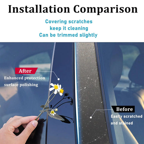 B Pillar molding trim for Jeep Cherokee (2014–2022), blue car side pillar, 6-piece set, before/after scratch protection comparison.