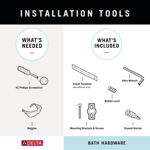 Installation tools for polished chrome 24 inch towel bar include screwdriver, goggles, template, wrench, level, brackets, and anchor.