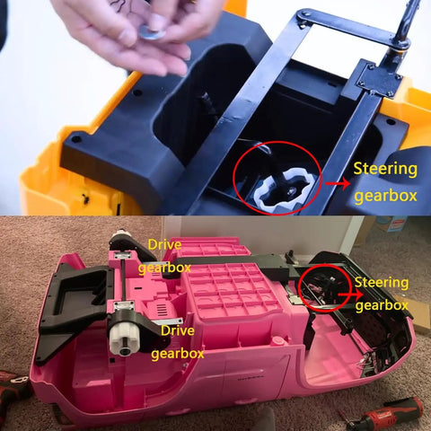Double 12V RS390 DC Motor Gearbox Kit installation in kids ride-on toy showing drive and steering gearboxes