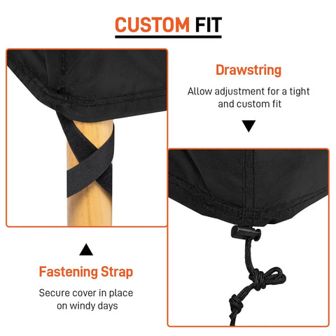 Close-up of Two Pack High Back Patio Chair Covers Waterproof Weatherproof showing drawstring and fastening strap for custom fit.