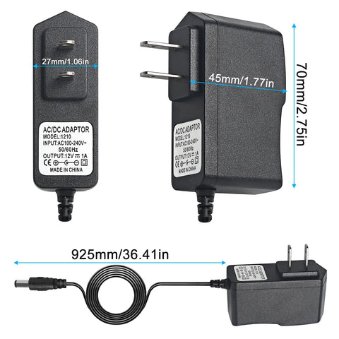 12V DC Power Adapter For DMX Controllers And Musical Gear, 1000mA Guitar Pedal Power Supply dimensions and plug detail