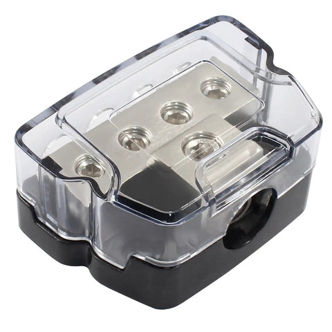 Four Way Amp Power Distribution Block For Car Audio Rig Wiring With One Input And Four Output Terminals, Supports 0 2 4 AWG In And 4 8 10 AWG Out, alloy block with clear cover