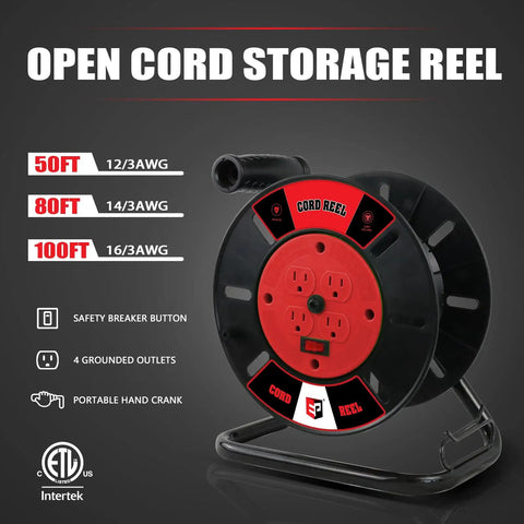 Portable Extension Cord Storage Reel On The Go With Four Grounded Outlets for 12/3 14/3 16/3 Power Cords Red with Hand Crank