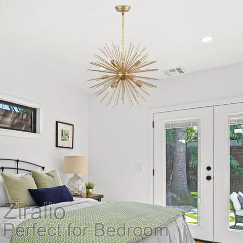 Golden Sputnik Chandelier Nine Lights Modern Starburst Fixture illuminated in bedroom, solid metal, mid-century style.