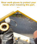 Close-up of brass 1/4-inch HVAC quick-connect fitting with a rubber O-ring being installed by gloved hands