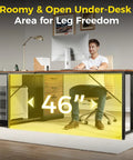 61 Inch L Shaped Desk With Wood Drawers And Lockable File Cabinet Reversible 21.7 Inch Deep Corner Computer Desk With Built In Power Outlets Walnut Finish Boss Home Office Executive Desk showcasing leg space