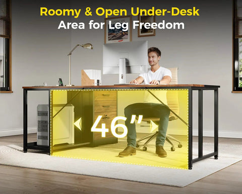 61 Inch L Shaped Desk With Wood Drawers And Lockable File Cabinet Reversible 21.7 Inch Deep Corner Computer Desk With Built In Power Outlets Walnut Finish Boss Home Office Executive Desk showcasing leg space