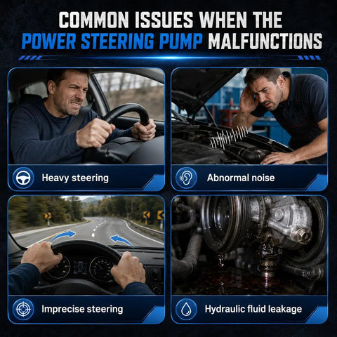 Common issues when the power steering pump malfunctions, including heavy steering, abnormal noise, and hydraulic fluid leakage.