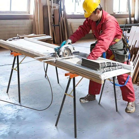 Beefy Saw Horses 2 Pack Portable Galvanized Metal Work Stand With Non Slip Top in use, supporting cutting work in a woodshop.