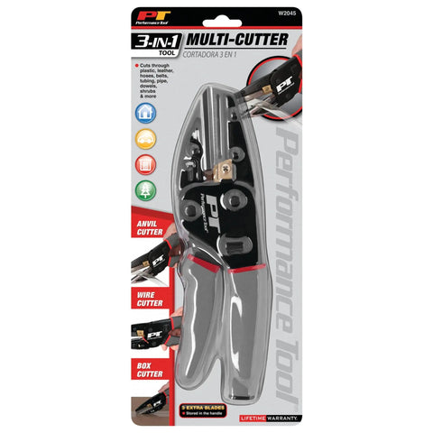 Three In One Power Cutting Tool That Works As A Wire Cutter, Box Cutter And Utility Knife, packaged in a performance tool box.