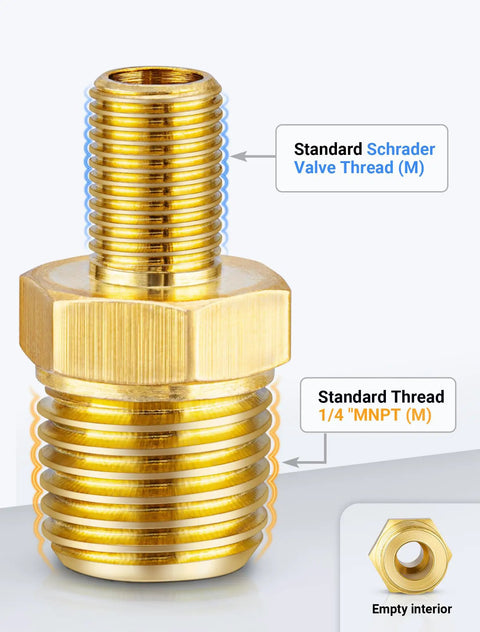 Beefy Brass Tire Inflator Adapter One Quarter Inch MNPT To Schrader Valve Male Durable Air Compressor Connector Close Up