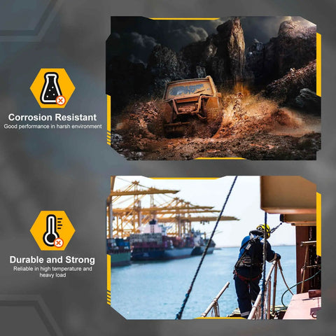 Images showcasing corrosion resistance with a vehicle in harsh terrain and durability with worker in a shipping yard.
