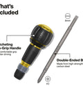 Ratcheting Tru-Grip Ball-Style Screwdriver With Quick-Release Collar One Quarter Inch Bit Compatible Interchangeable Bits Includes Two Phillips And Six Millimeter Slotted Double-Ended Bits Fast Ratcheting For Quick Drives And DIY And Pro Jobs