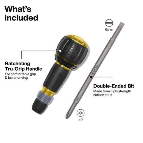 Ratcheting Tru-Grip Ball-Style Screwdriver With Quick-Release Collar One Quarter Inch Bit Compatible Interchangeable Bits Includes Two Phillips And Six Millimeter Slotted Double-Ended Bits Fast Ratcheting For Quick Drives And DIY And Pro Jobs