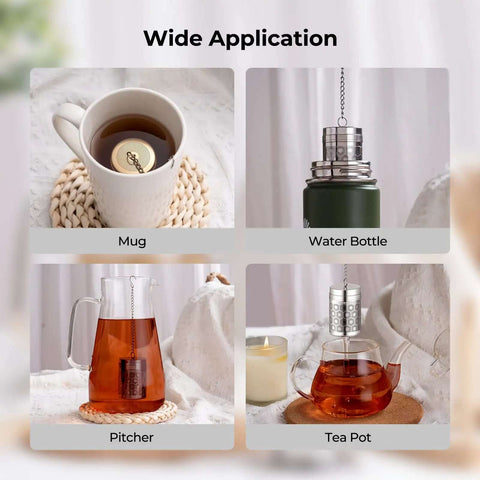 Ultra Fine Mesh Tea Infuser Strainer For Loose Leaf Tea No Fuss 304 Stainless Steel with Slim Threaded Lid in mug, water bottle, pitcher, and teapot application