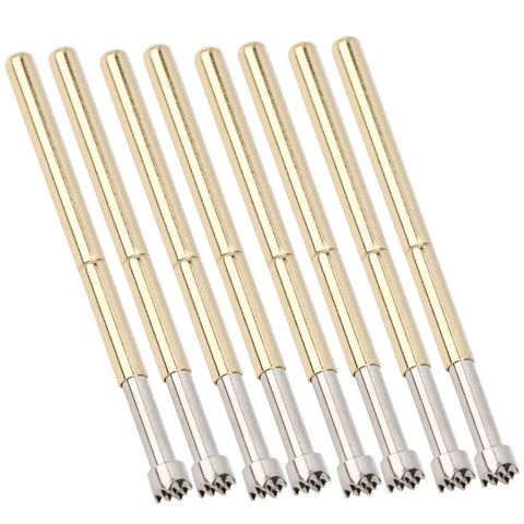 Pro Grade Spring Test Probe Set With Brass Contact Pin, 2mm Probes With Nine Claws, displayed in a neat row